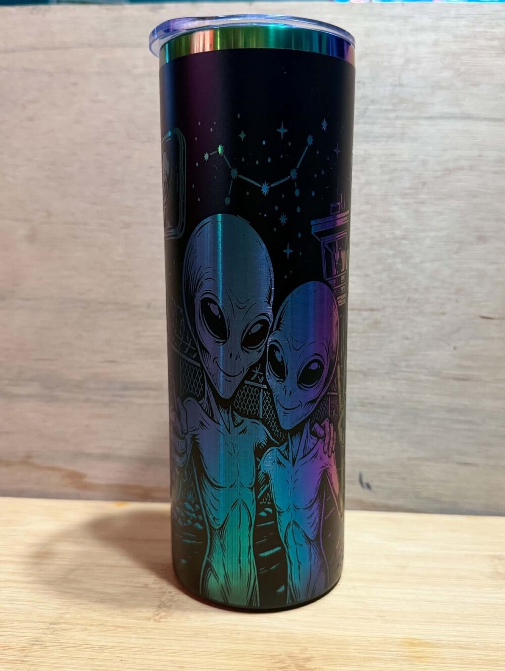 New custom laser engraved color change 20oz Space Alien tumbler straw gift box